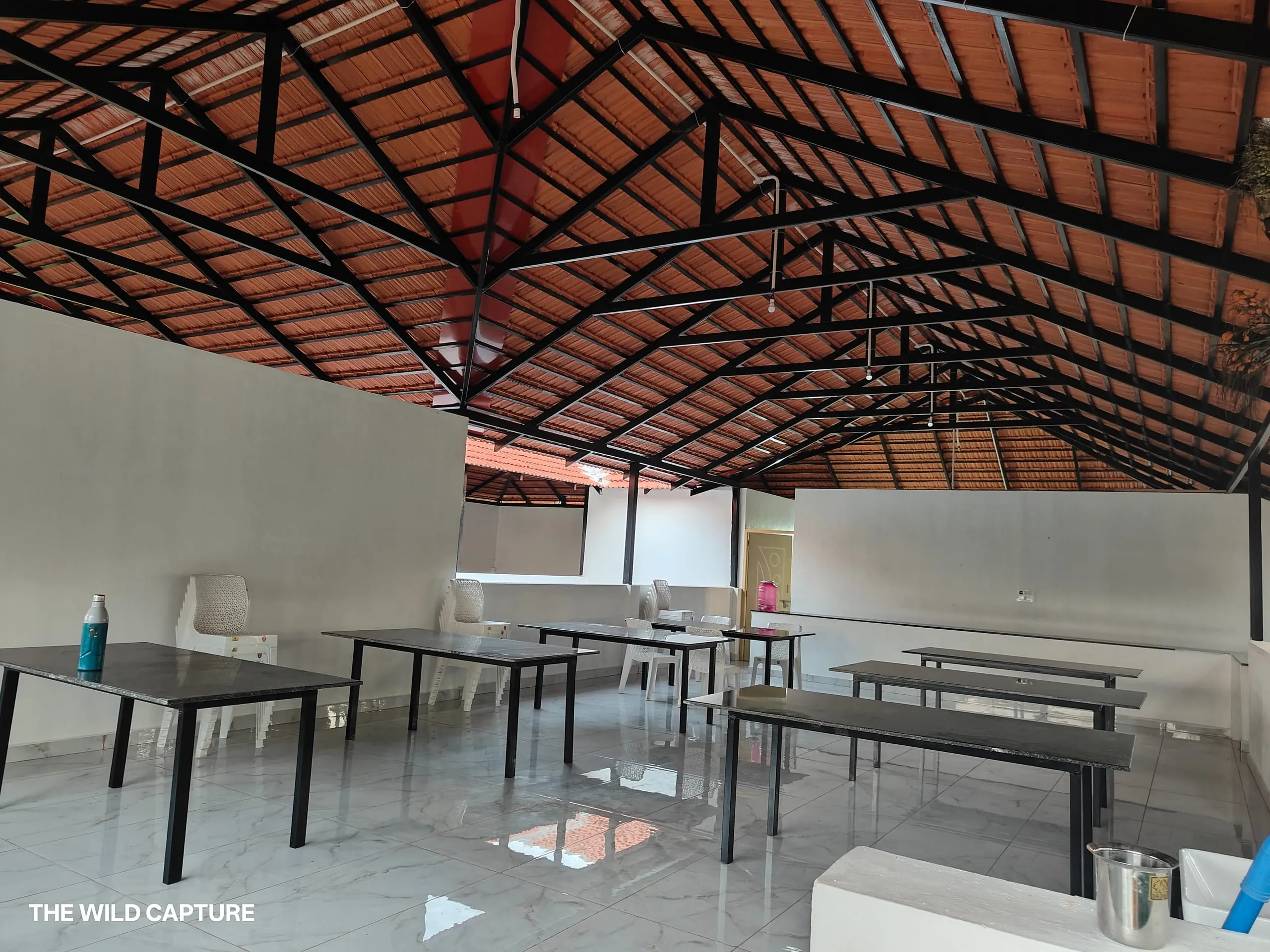 The dining hall, set for a large group